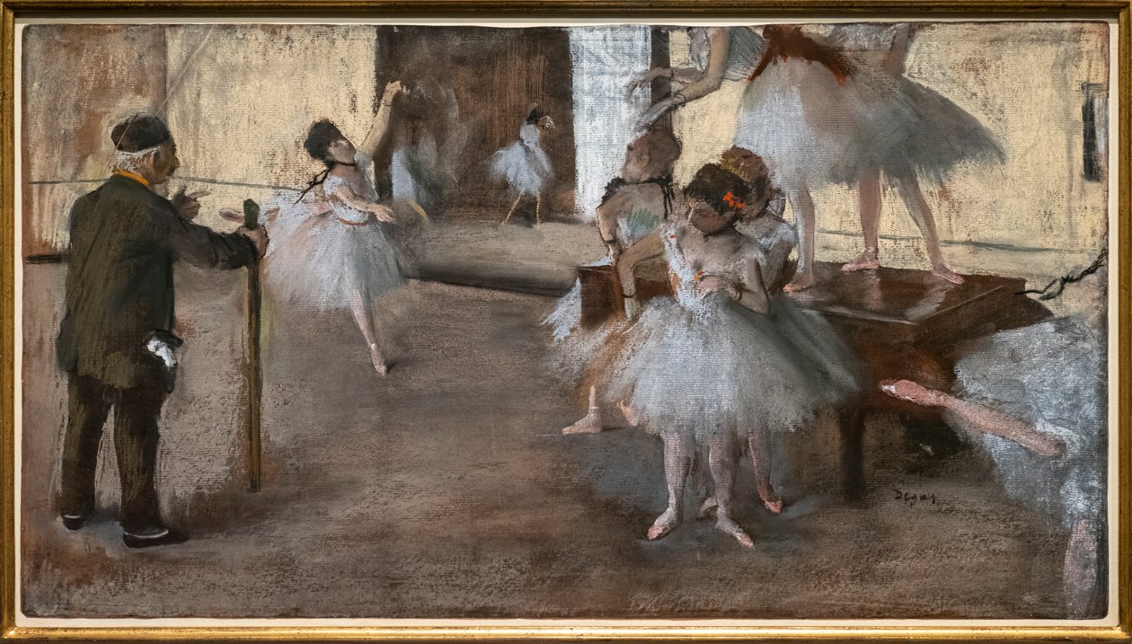 Lekcja tańca. Około 1876 r. Pastel na papierze naklejonym na tekturę. autorstwa Edgar Degas