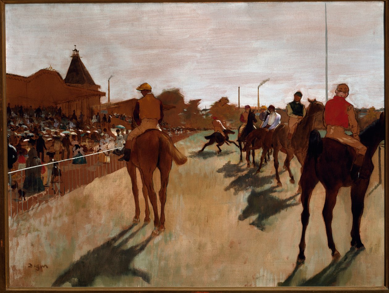 Parada lub konie wyścigowe przed trybunami (olej na płótnie) autorstwa Edgar Degas