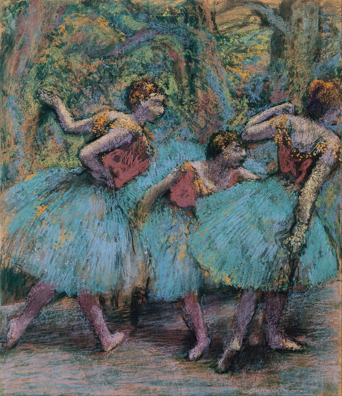 Trzy tancerki (niebieskie tutu, czerwone gorsety) autorstwa Edgar Degas