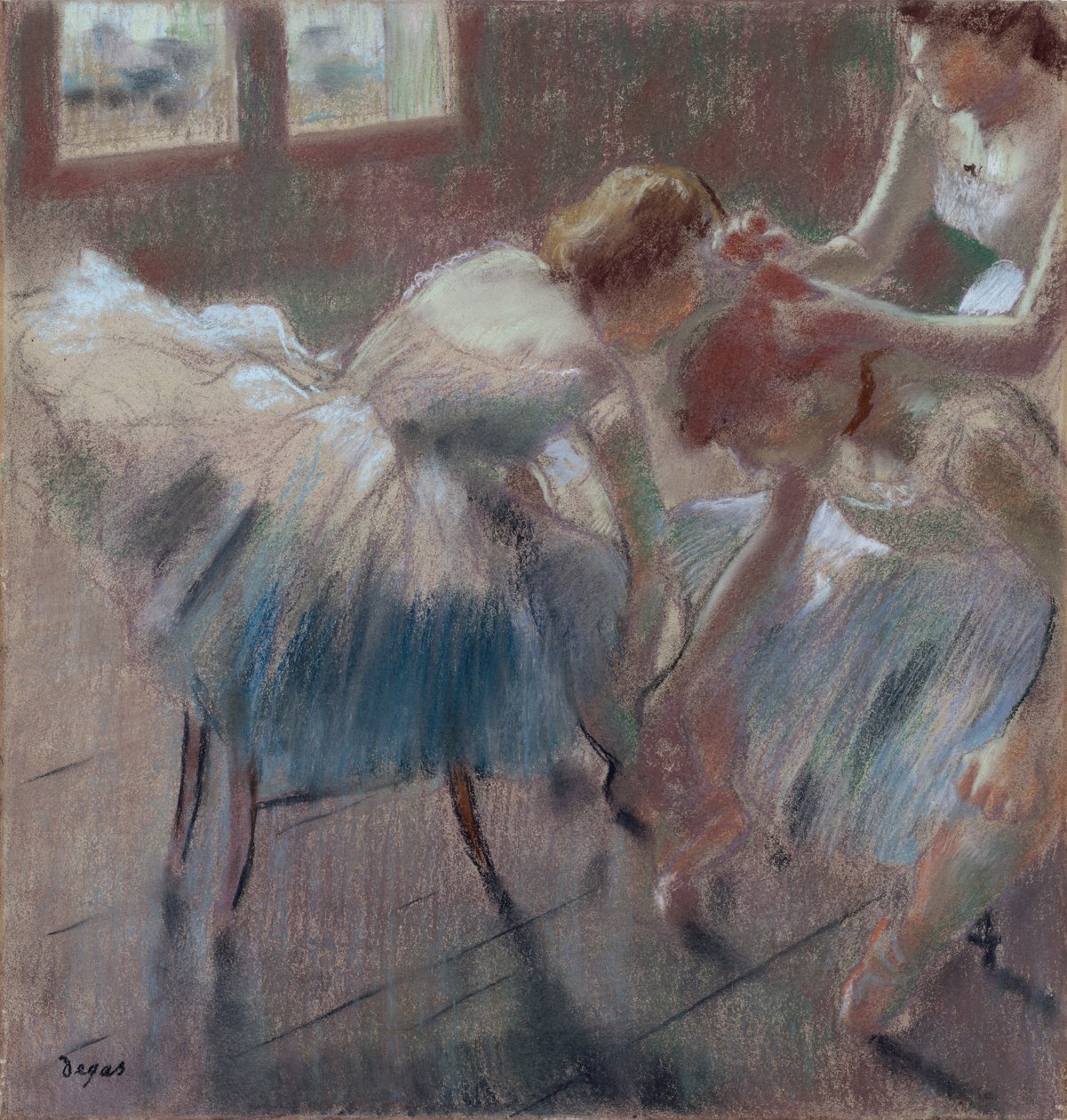 Trzech tancerzy przygotowuje się do zajęć, ok. 1880 (pastel na płowożółtym papierze plecionym) autorstwa Edgar Degas