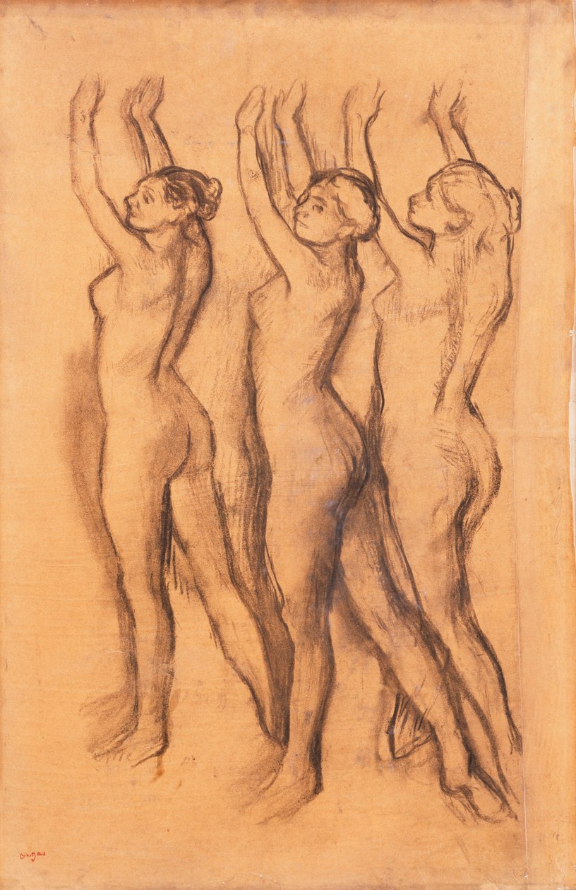 Trzech tancerzy w body, z podniesionymi ramionami, autorstwa Edgar Degas