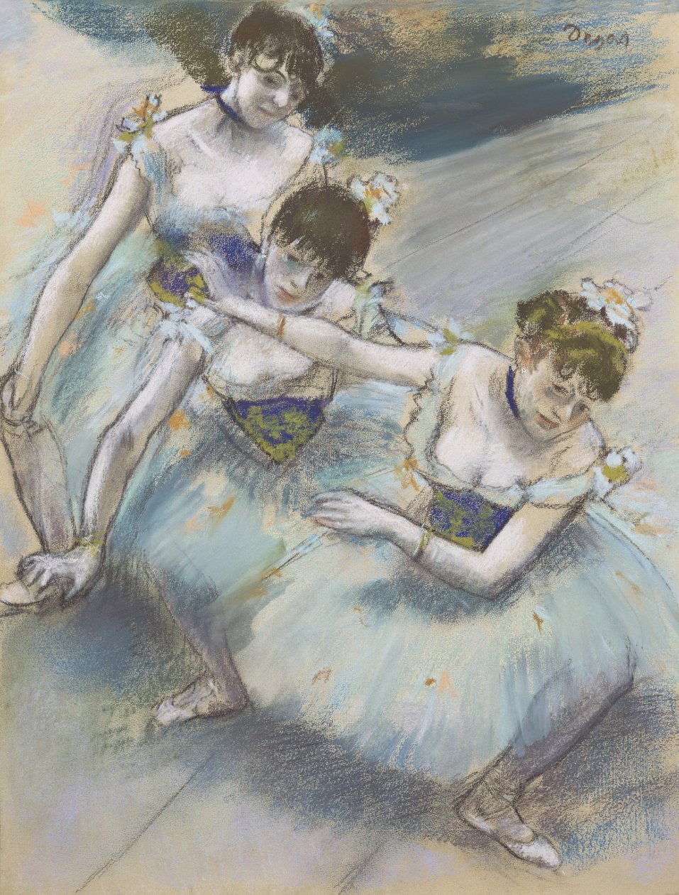 Trzy tancerki w ukośnej linii na scenie, ok. 1882 (pastel) autorstwa Edgar Degas