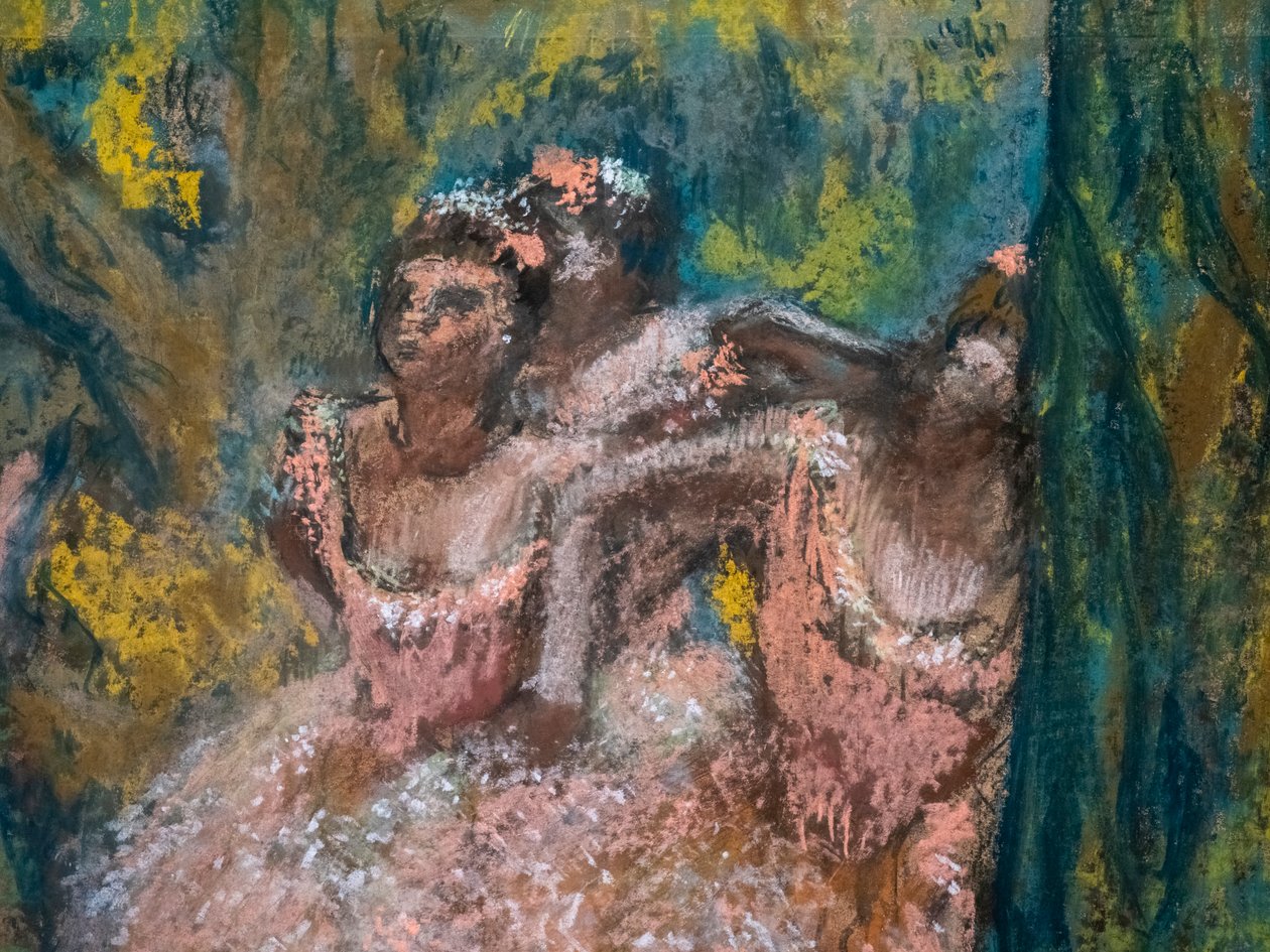 Trzech tancerek w łososiowych spódnicach (detal). 1904-1906. Pastel na papierze maruflowym na tekturze. autorstwa Edgar Degas