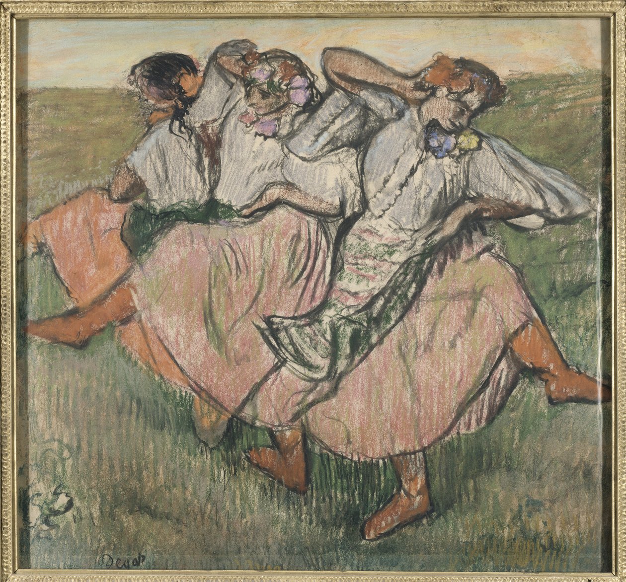 Trois danseuses russes - Trzech rosyjskich tancerzy, autorstwa Degasa, Edgara (1834-1917). Pastel na papierze, koniec lat 90. XIX wieku. Wymiar : 62x67 cm. Muzeum Narodowe w Sztokholmie autorstwa Edgar Degas