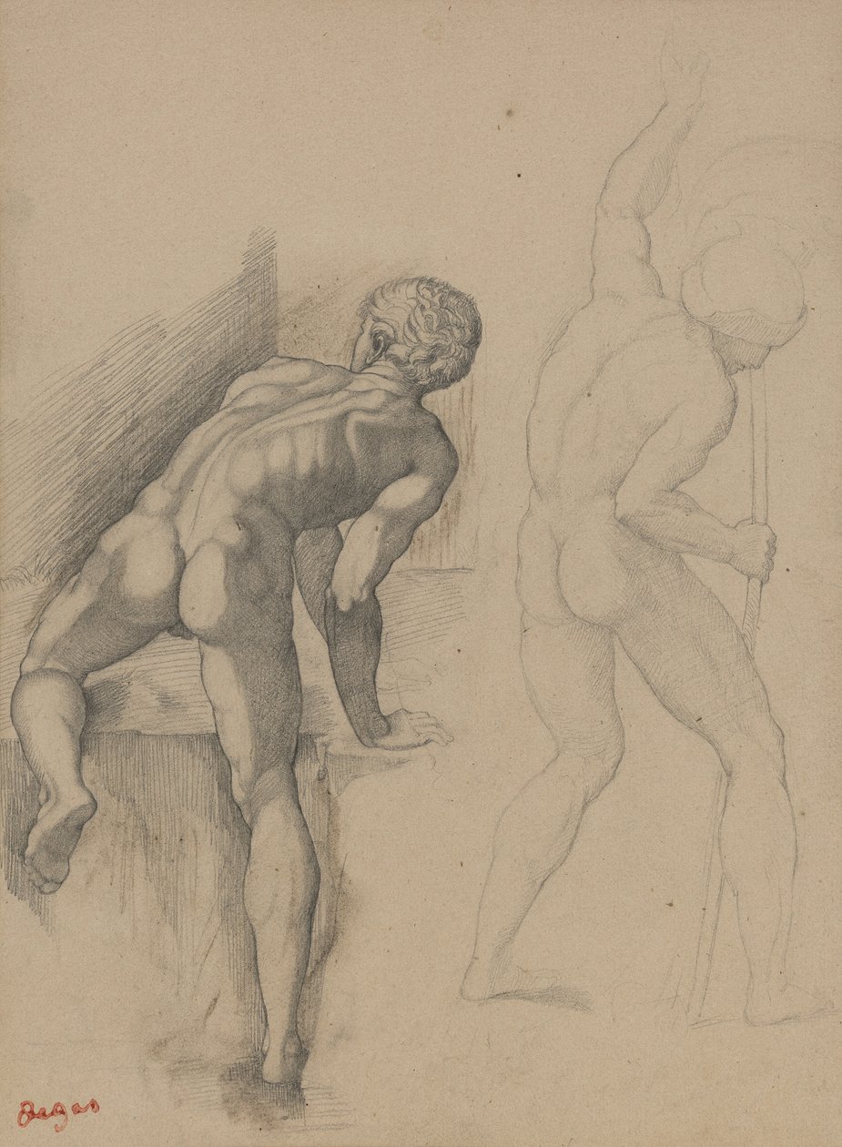 Two Nude Men, 1856-57 (grafitowy ołówek na ciemnym kremowym papierze) autorstwa Edgar Degas