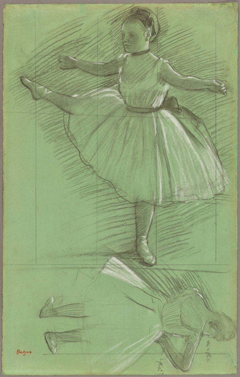 Dwa studia tancerzy, ok. 1873 r. (czarno-biała kreda na zielonym papierze) autorstwa Edgar Degas