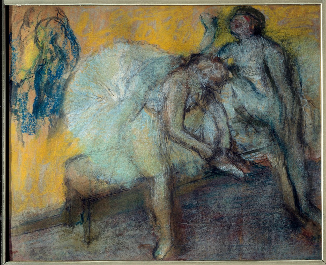 Dwóch tancerzy w spoczynku Pastel i węgiel na papierze zamszowym autorstwa Edgara Degasa (1834-1917). 1910-1912 wym. 0,78x0,96 m Paryż, Musee d