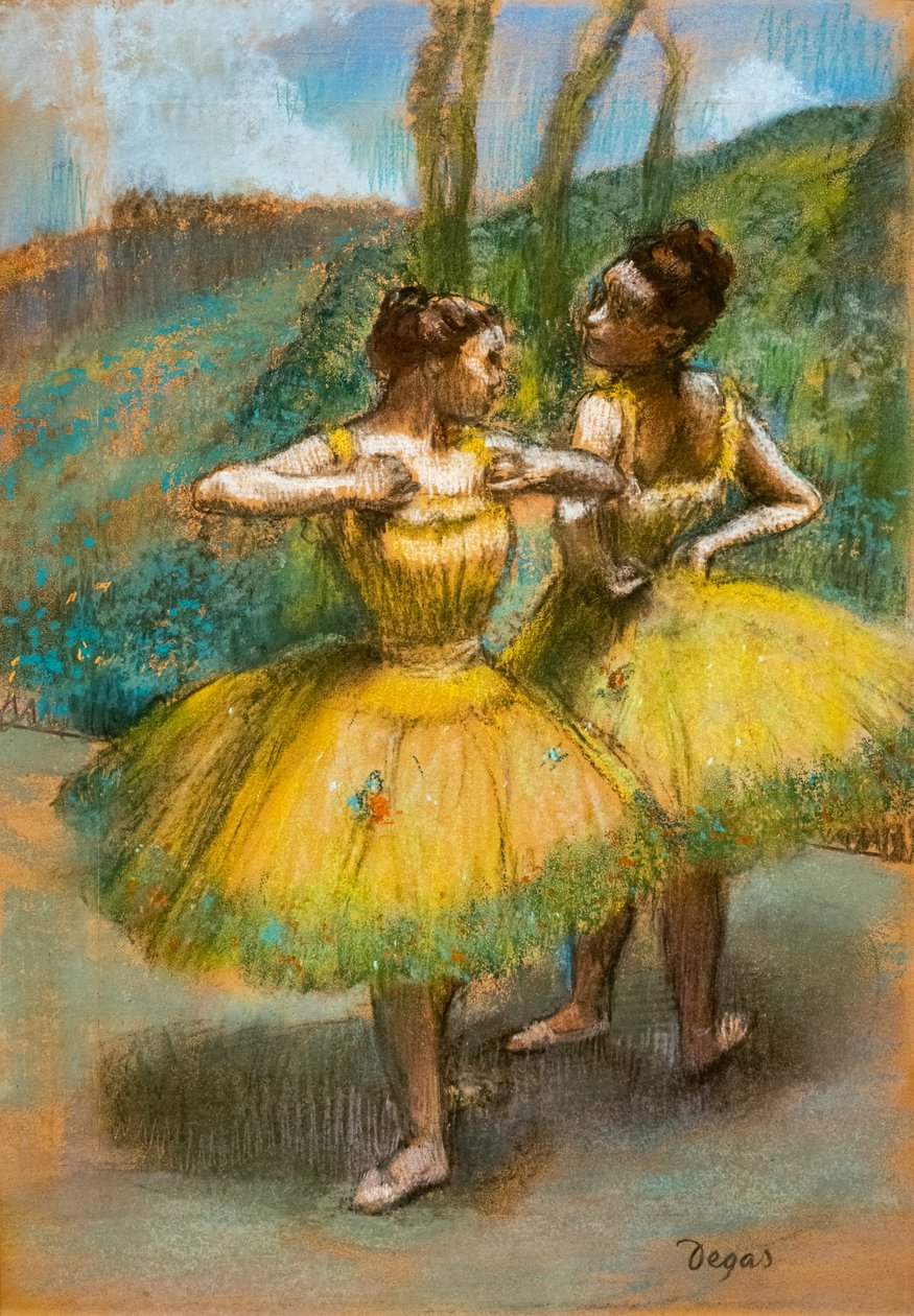 Dwóch tancerzy w kolorze żółtym. Około 1896. Pastel i węgiel na dwóch paskach papieru. autorstwa Edgar Degas