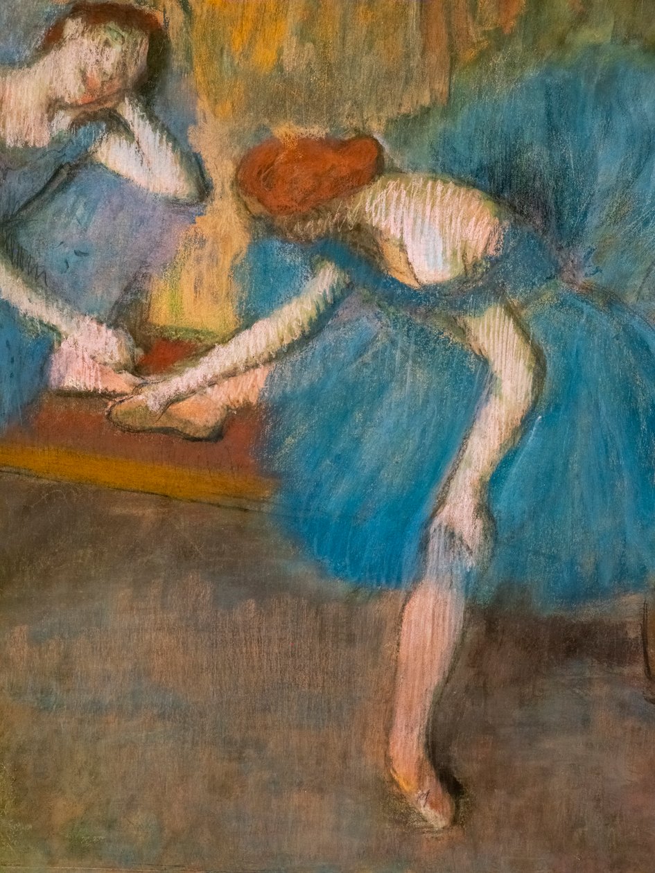 Dwóch odpoczywających tancerzy (znanych również jako „Niebiescy tancerze”) (szczegół). Około 1898. Pastel na cienkim papierze welinowym. autorstwa Edgar Degas
