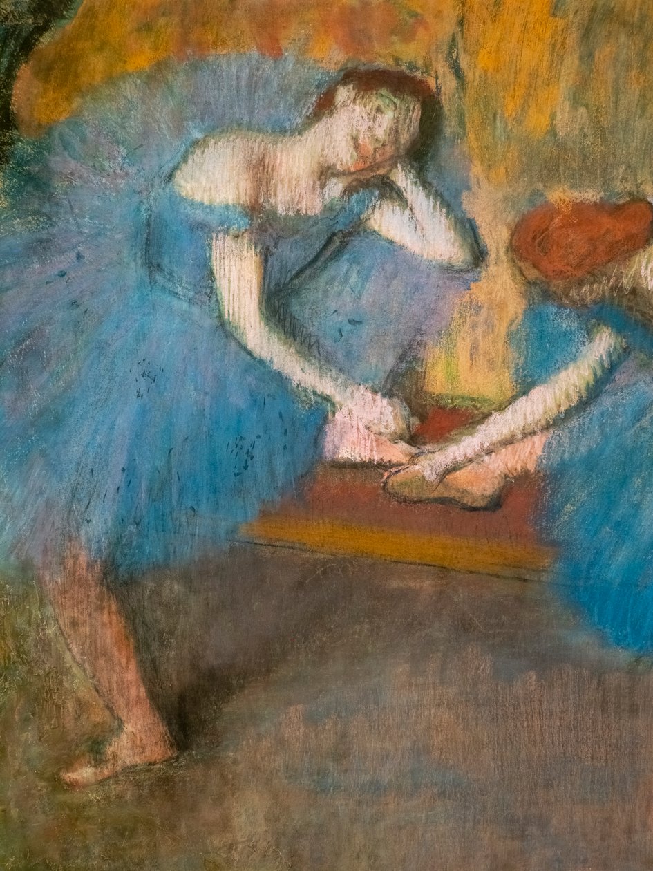 Dwóch odpoczywających tancerzy (znanych również jako „Niebiescy tancerze”) (szczegół). Około 1898. Pastel na cienkim papierze welurowym. autorstwa Edgar Degas