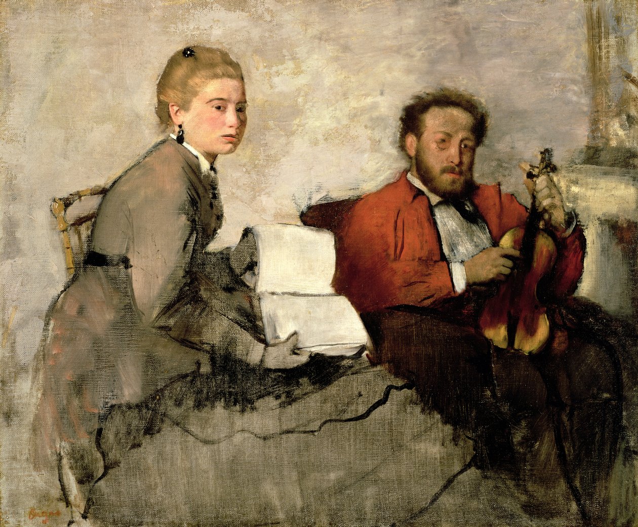 Skrzypaczka i młoda kobieta, ok. 1871 (olej i kredka na płótnie) autorstwa Edgar Degas