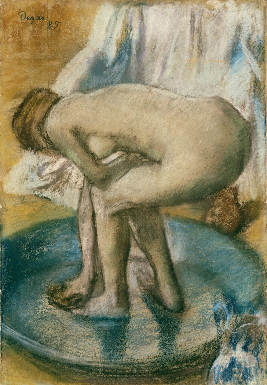 Kobieta kąpiąca się w płytkiej wannie, 1885 (węgiel i pastel na jasnozielonym papierze plecionym ułożonym na jedwabiu) autorstwa Edgar Degas