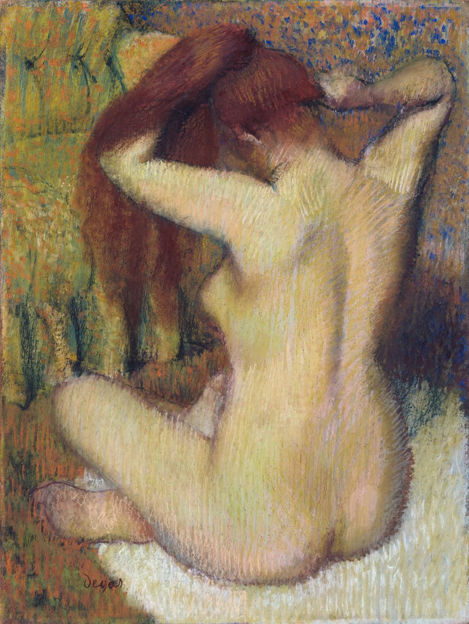 Kobieta czesząca włosy, ok. 1888-90 (pastel na jasnozielonym papierze plecionym przymocowanym do uchwytu) autorstwa Edgar Degas