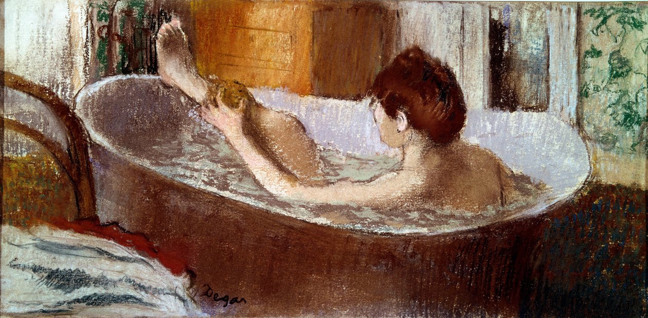 Kobieta w wannie nabiera się gąbką na nogę Pastel autorstwa Edgara Degasa (1834-1917) 1883 Ndz. 0,19x0,41 m Paryż, musee d