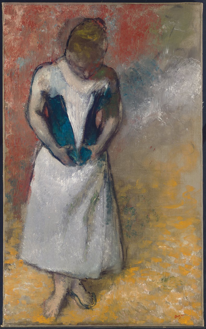 Kobieta stojąca z przodu, zapinająca gorset, 1883 autorstwa Edgar Degas