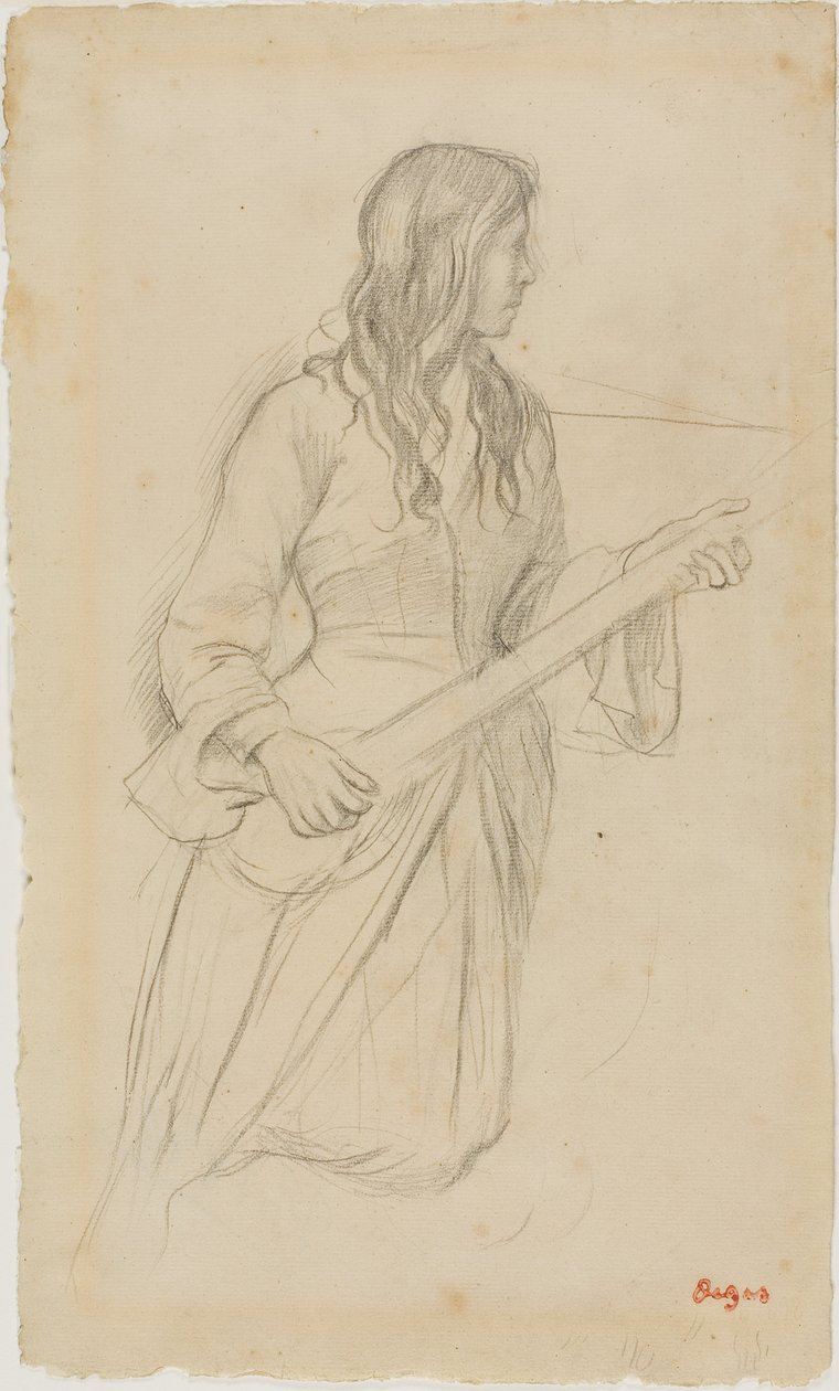 Młoda kobieta grająca na mandolinie, studium do portretu Mlle. Fiocre w balecie "La Source" autorstwa Edgar Degas