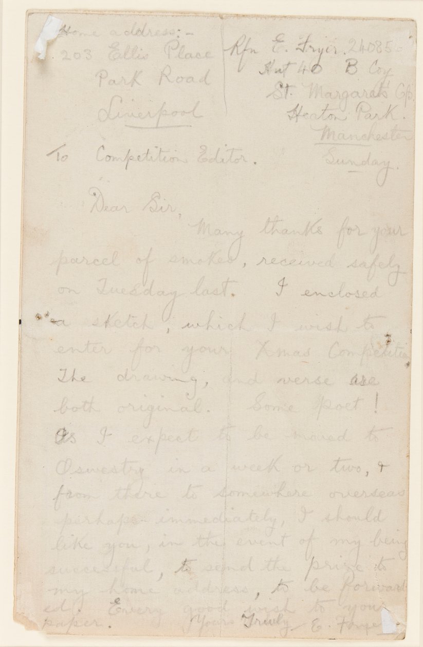 List do redaktora konkursu prasowego, 1914-18 autorstwa Edgar Fryer