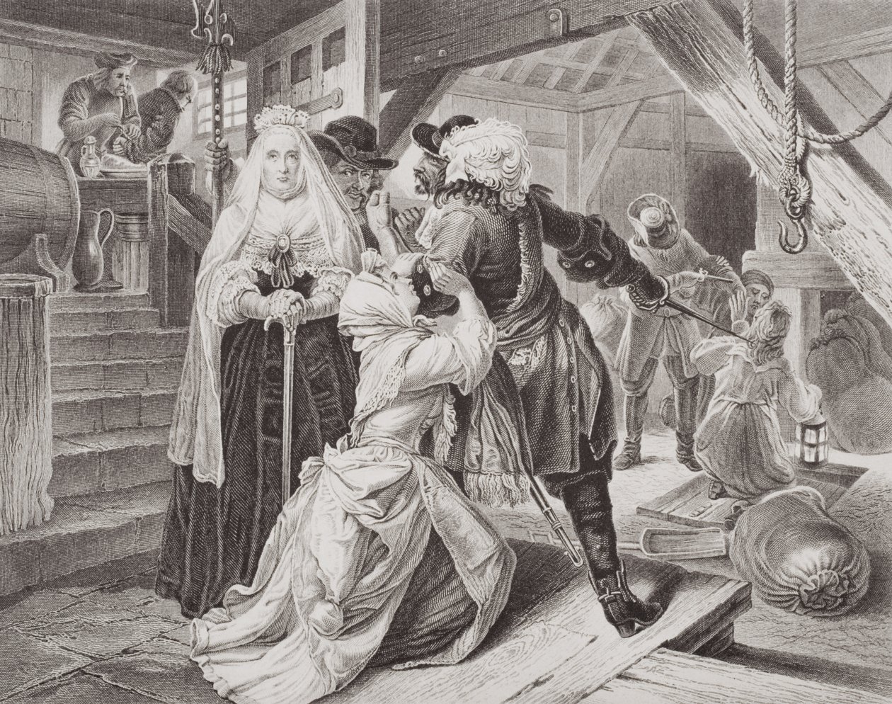 Aresztowanie Alice Lisle za udzielanie schronienia uciekinierom z bitwy pod Sedgemoor w 1685 r., z "Ilustracji historii Anglii i Szkocji", tom I (rycina) autorstwa Edgar Melville (after) Ward