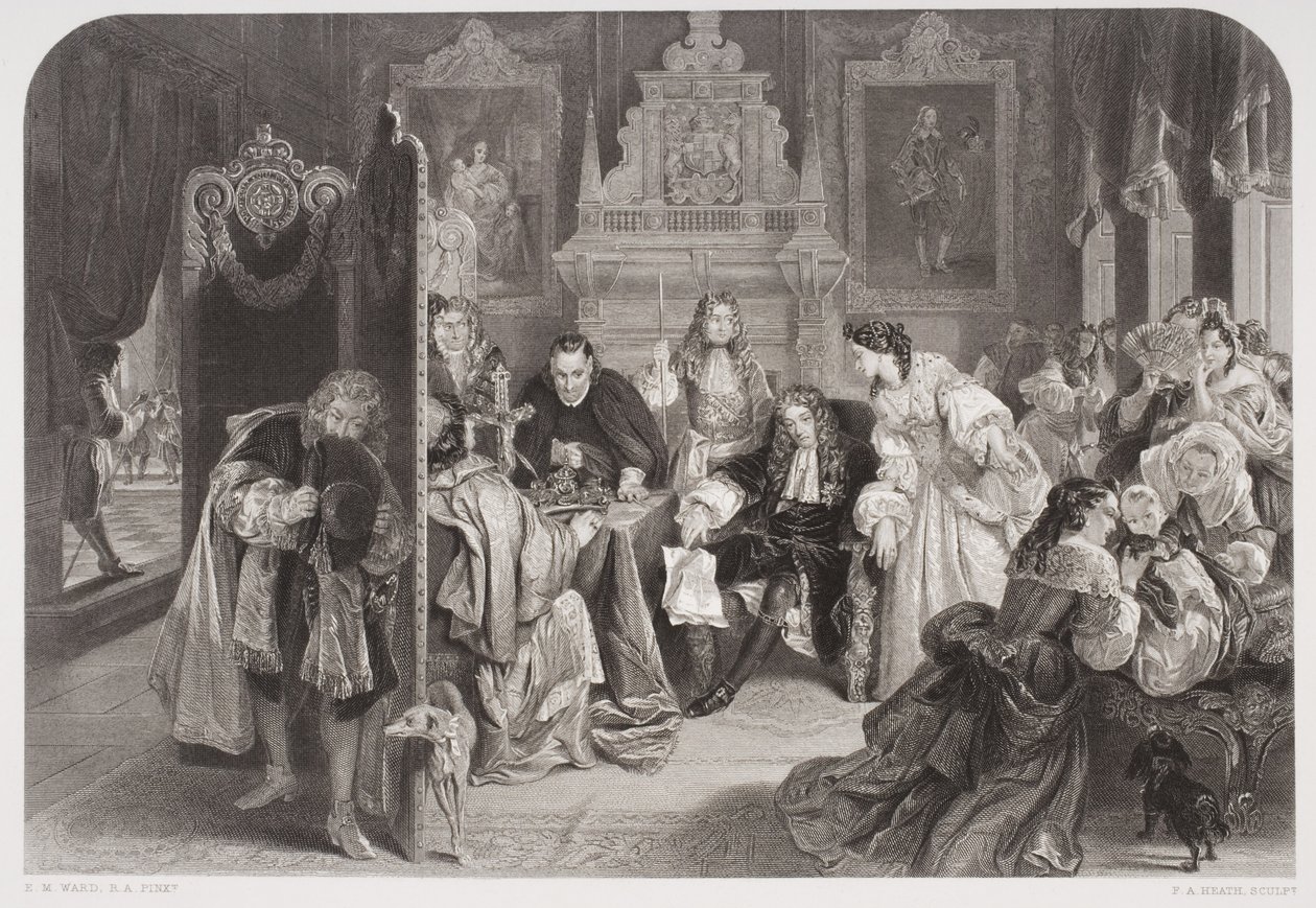 Jakub II (1633-1701) odbiera wiadomość o wylądowaniu księcia Orange, ryty przez F.A. Heatha autorstwa Edgar Melville Ward