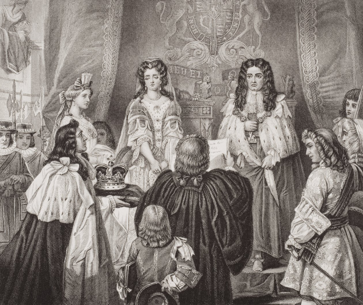 Korona ofiarowana Williamowi i Marii przez Lords and Commons w Whitehall, 12 lutego 1689, z „Illustrations of English and Scottish History” Tom II autorstwa Edgar Melville Ward
