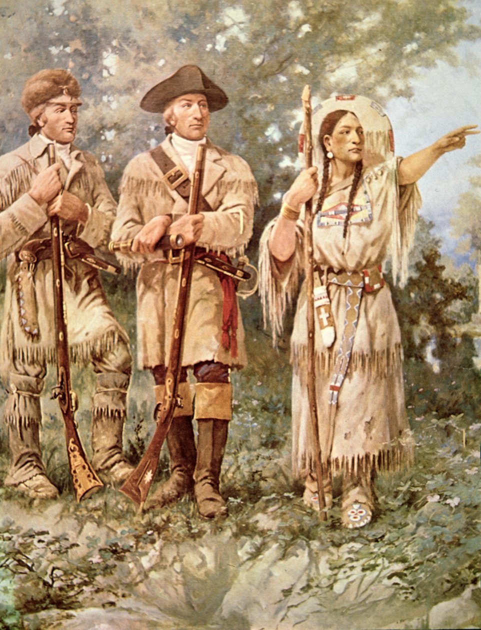 Lewis i Clark z Sacagawea (kolor lito) (detal) autorstwa Edgar Samuel Paxson