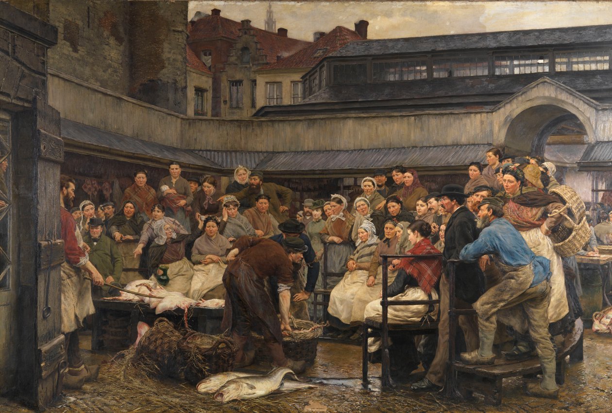 Stary targ rybny w Antwerpii w 1882 roku (olej na płótnie) autorstwa Edgard Farasyn