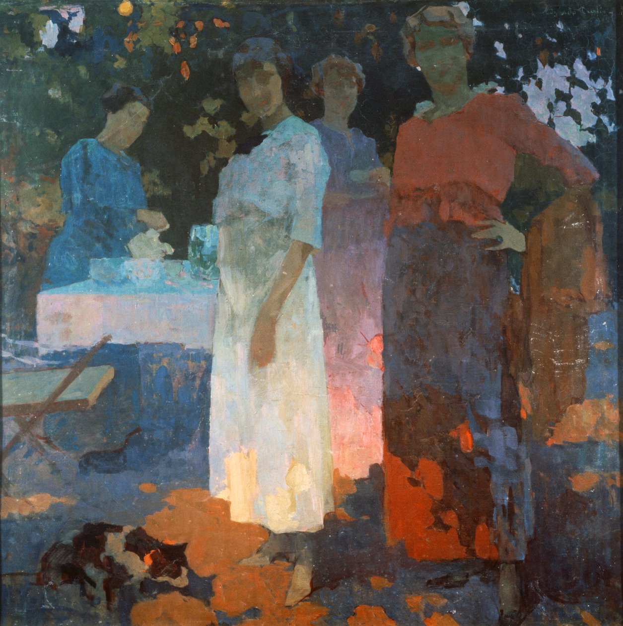 Śniadanie w ogrodzie, Edgardo Curcio (1881-1923), olej na płótnie, 82x82 cm. Włochy, XX wiek. autorstwa Edgardo Curcio