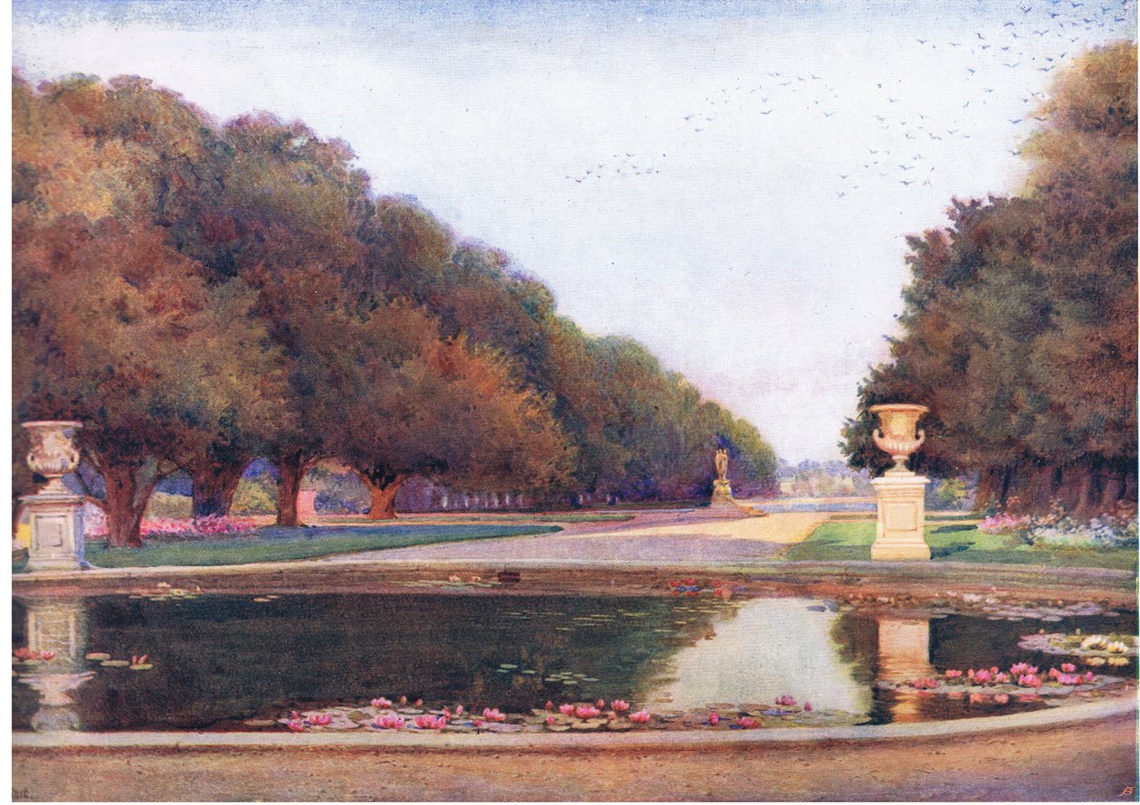 The Long Water, Hampton Court, z książki The Gardens of England: In the Southern and Western Counties wydanej przez The Studio autorstwa Edith Helena Adie