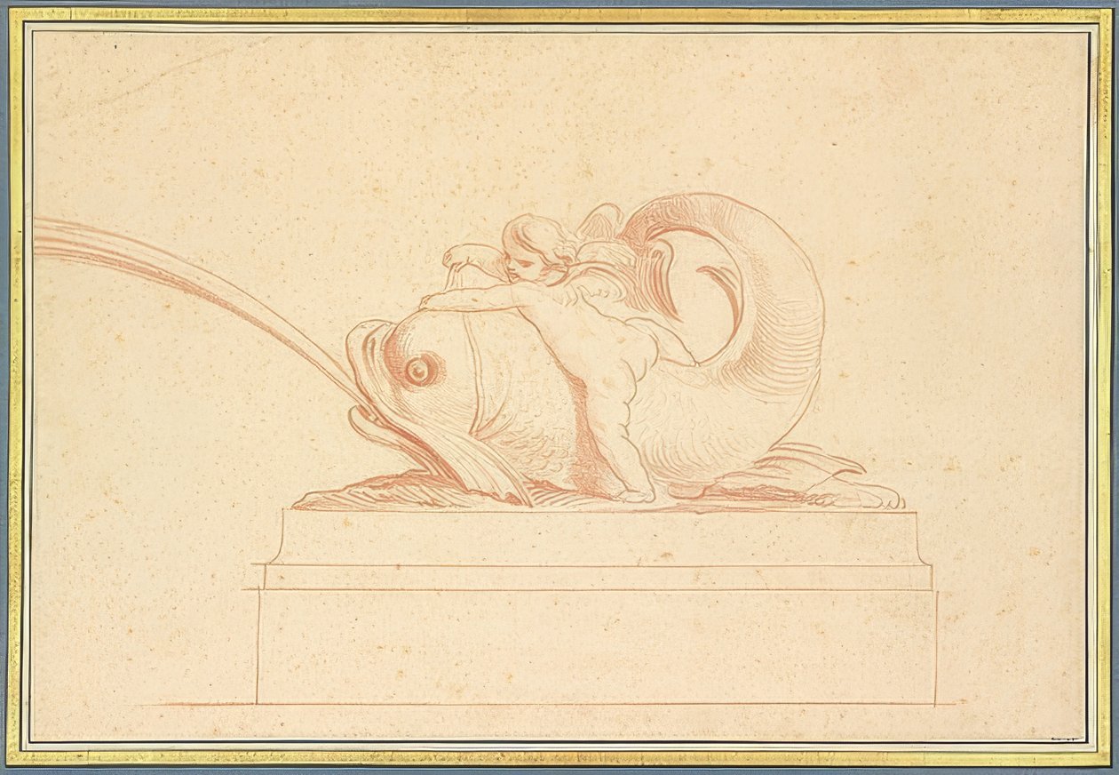 Delfin tryskający wodą po lewej stronie z kupidynem. 1737 autorstwa Edmé Bouchardon