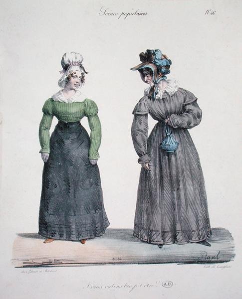 Karykatura zazdrosnej kochanki ze sługą, nr kat. 40 z cyklu „Sceny Populaires”, ryt. Langlume, ok. 1820 (kolor lito) autorstwa Edme Jean (after) Pigal