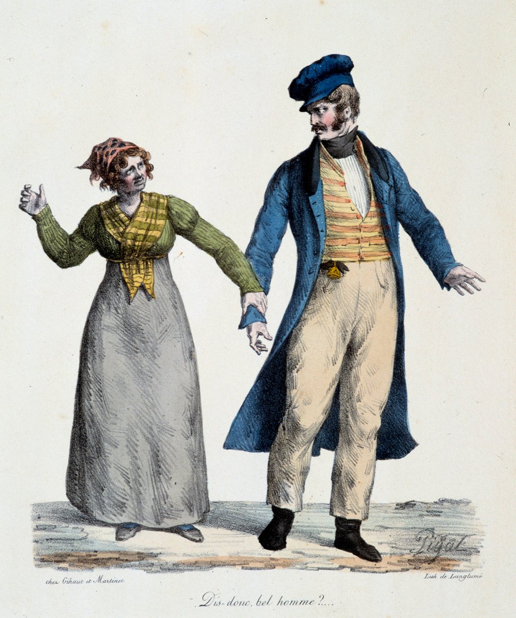 Prostitution: „”Say so handsome man”” – Popularne sceny Edme Jean Pigal (1798-1872), lithogaphy 1824 – Musee Dobree, Nantes autorstwa Edme Jean (after) Pigal