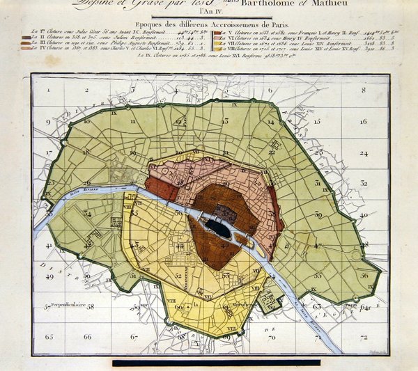 Szczegół Atlas du Plan General de la Ville de Paris, pokazujący różne dodatki w historii miasta autorstwa Edme Verniquet