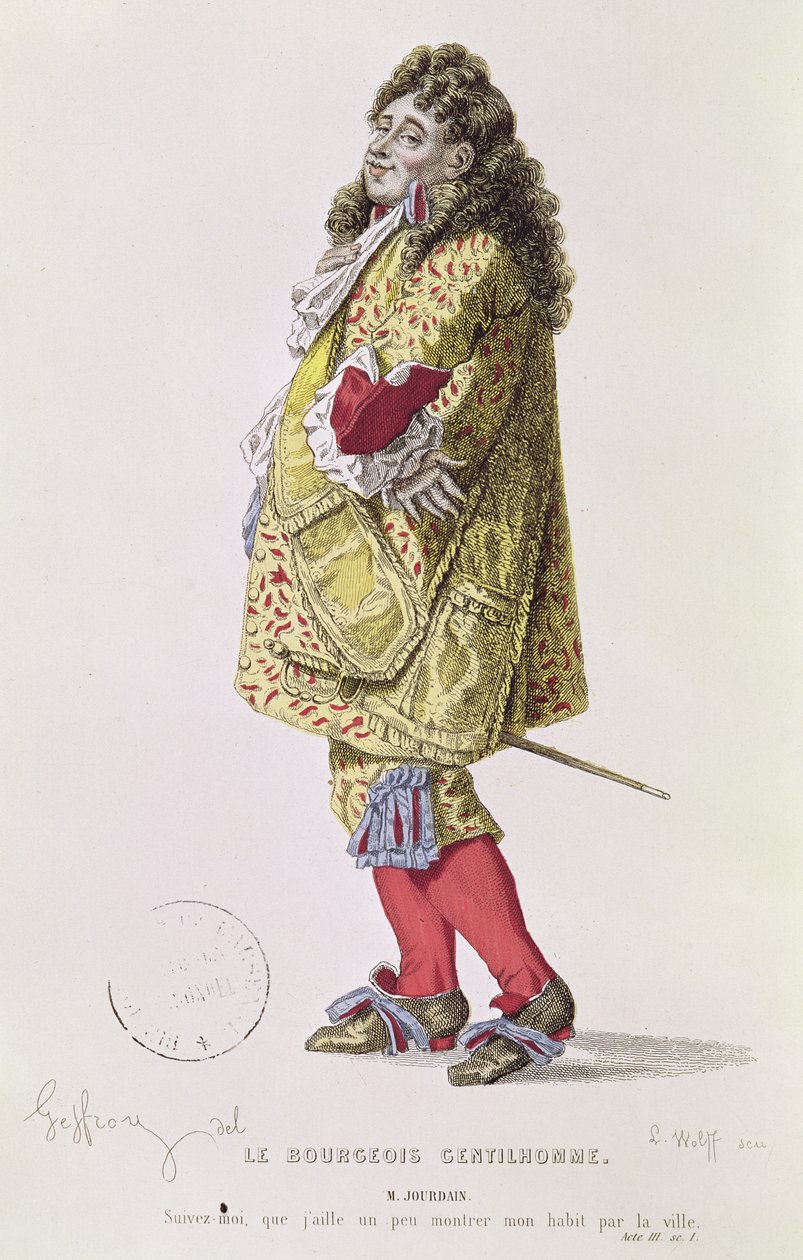 „Pójdź za mną, abym mógł trochę pokazać moją suknię o mieście”, ilustracja Monsieur Jourdain z aktu III scena 1 „Dżentelmena mieszczańskiego” Moliera (1622-73) sztychowanego przez Ludwiga Wolffa (1776) autorstwa Edmond A.F. Geffroy