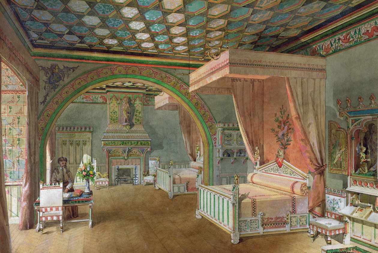 Pokój Różowy w Chateau de Roquetaillade, 1868 (wc na papierze) autorstwa Edmond Duthoit
