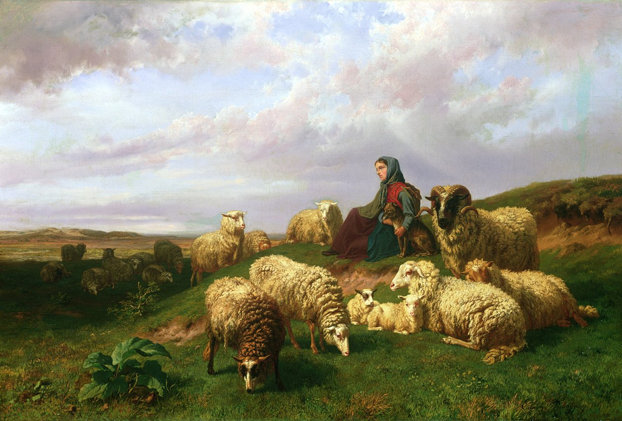 Pasterka odpoczywająca ze swoją trzodą, 1867 autorstwa Edmond Jean Baptiste Tschaggeny