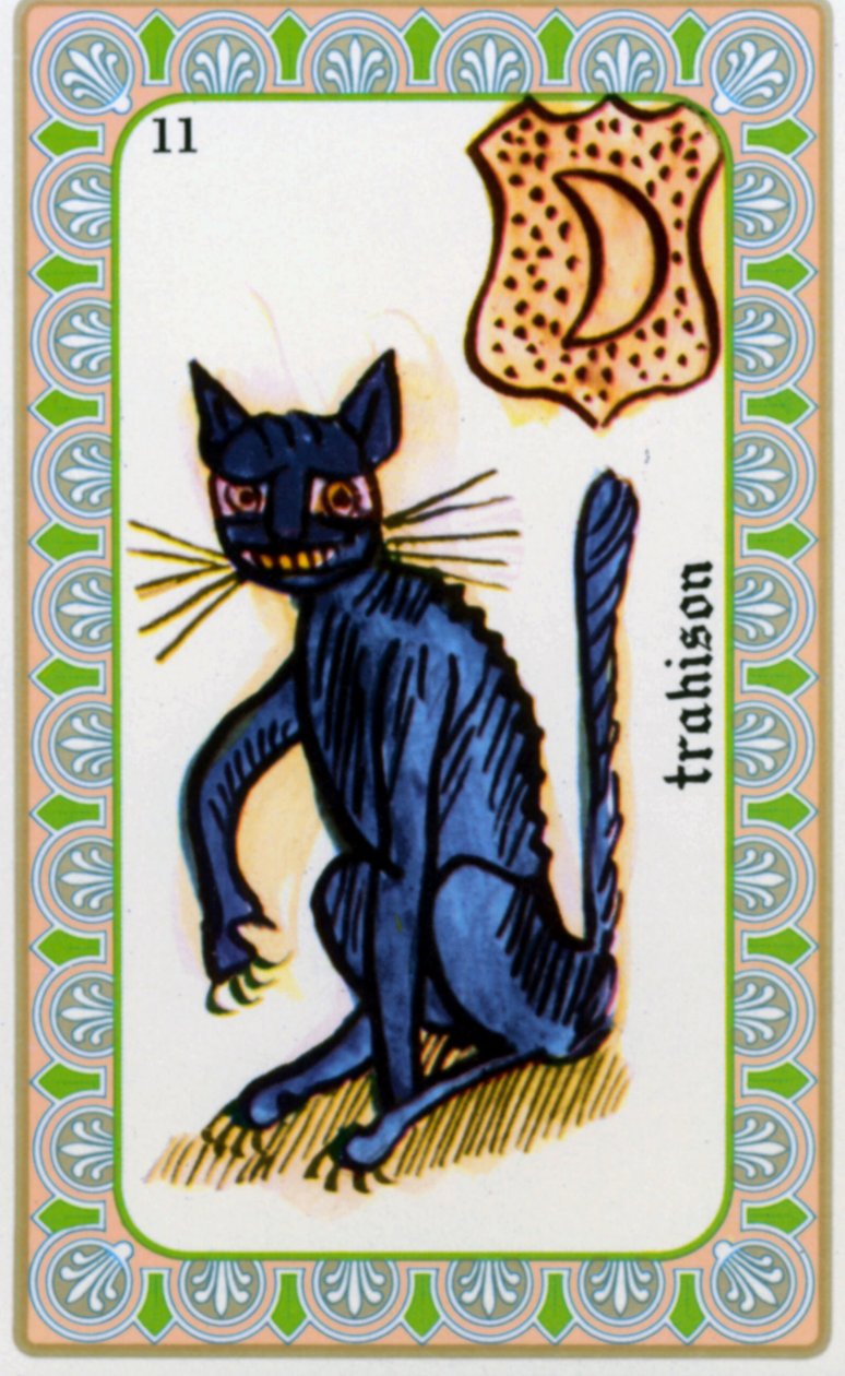 tarot autorstwa maga Belline’a narysowany przez Edmonda Billaudota ok. 1845 i przekazany jasnowidzowi Bellinowi do ponownego wydania: karta zdrady: kot autorstwa Edmond Billaudot
