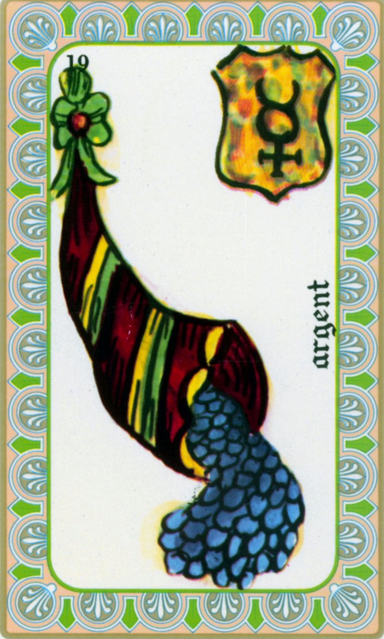 tarot autorstwa maga Belline’a narysowany przez Edmonda Billaudota ok. 1845 i przekazany jasnowidzowi Bellinowi do ponownego wydania: karta pieniężna: monety w rogu obfitości autorstwa Edmond Billaudot