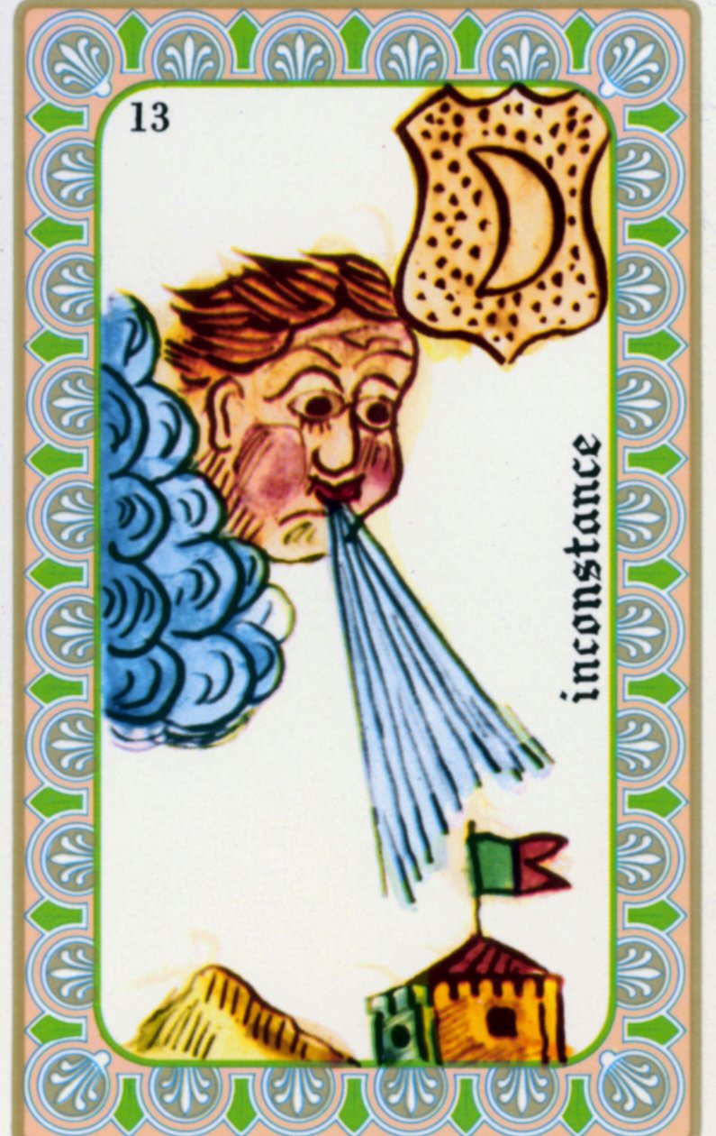 tarot autorstwa maga Belline’a narysowany przez Edmonda Billaudota ok. 1845 i przekazany jasnowidzowi Bellinowi do ponownego wydania: karta zmienności: wieje wiatr autorstwa Edmond Billaudot