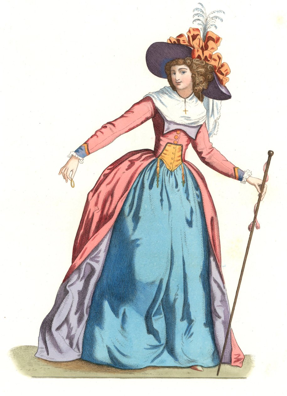 Francuzka w modzie XVIII wieku - Litografia na podstawie ilustracji Edmonda Lechevallier-Chevignarda (1825-1902), z „Costumes historiques des 16th autorstwa Edmond Lechevallier Chevignard