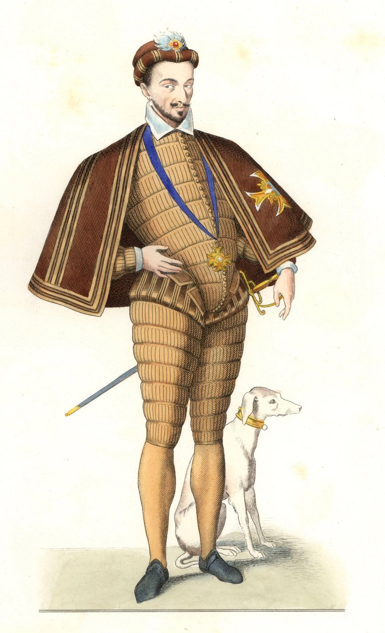 Król Francji Henryk III (1551-1589), noszący naszyjnik Zakonu Ducha Świętego - Litografia według ilustracji Edmonda Lechevallier-Chevignarda (1825-1902), z „Costumes historiques des 16th autorstwa Edmond Lechevallier Chevignard