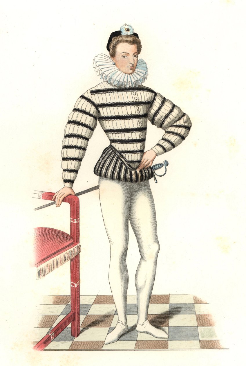 Portret Saint-Megrin, francuskiego dżentelmena z XVI wieku, według ilustracji Riffauta - Litografia z ilustracji Edmonda Lechevallier-Chevignarda (1825-1902), z „Costumes historiques des 16th autorstwa Edmond Lechevallier Chevignard