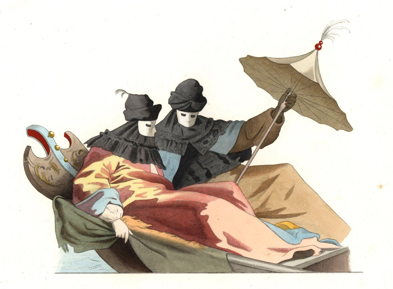 Wenecjanie w masce bauta, Włochy XVIII w., na podstawie obrazu Giovanniego Antonio Canal dit Canaletto (1697-1768) - Litografia na podstawie ilustracji Edmonda Lechevallier-Chevignarda (1825-1902), z „” Stroje historyczne XVI wieku autorstwa Edmond Lechevallier Chevignard
