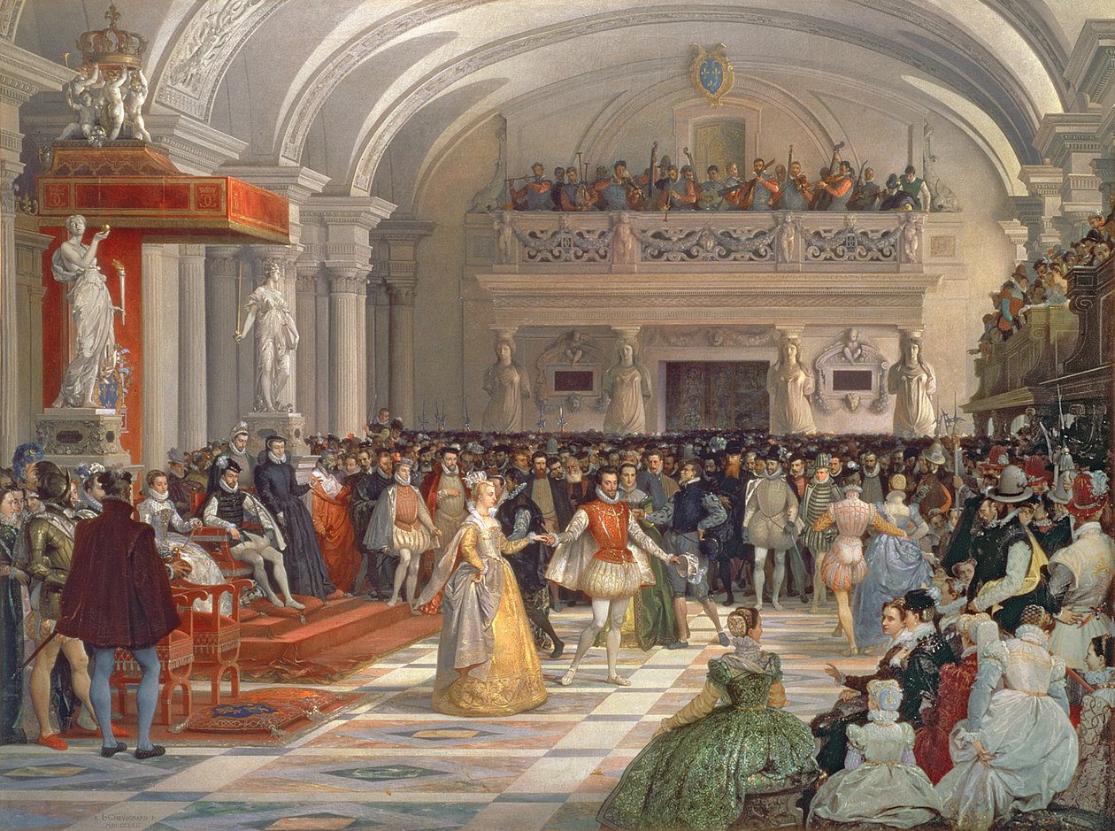 Ślub Henryka de Bourbon, króla Nawarry, z Małgorzatą de Valois w obecności Katarzyny Medycejskiej i Karola IX w 1572, 1862 autorstwa Edmond Lechevallier Chevignard
