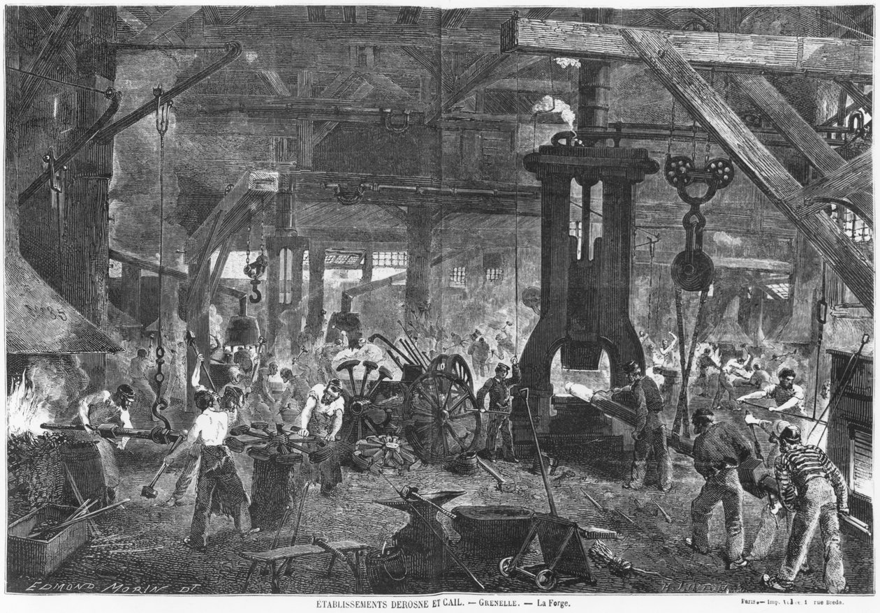 Kuźnia firmy Derosne and Cail, Grenelle, ilustracja z „Les Grandes Usines” Juliena Turgana, sztychowana przez Henry