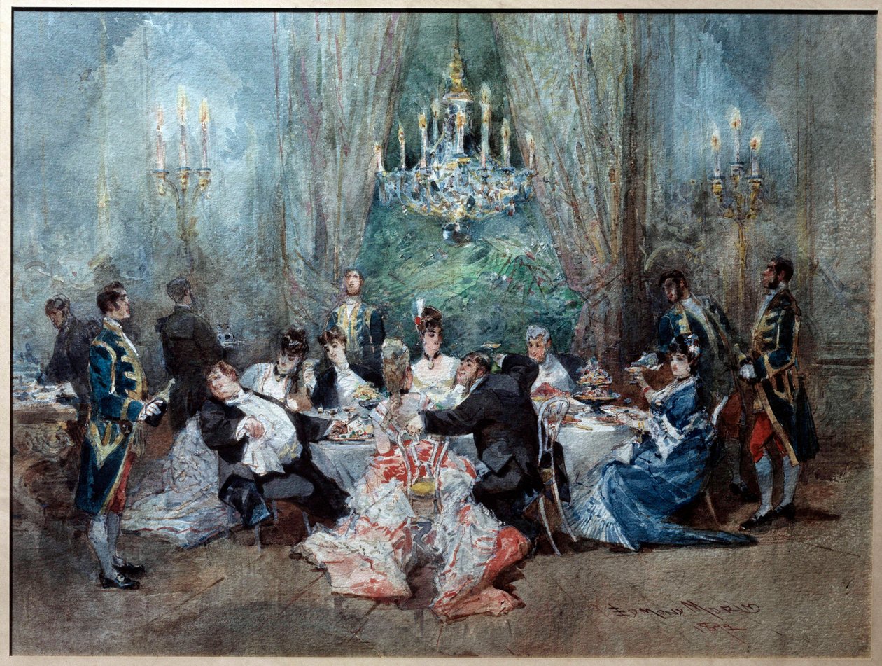Scena posiłku. Ilustracja do sceny 10 aktu II „”Objawienie”” Henri (Henry) Meilhaca (1830-1897) i Ludovica Halevy (1834-1908) w Pałacu Królewskim autorstwa Edmond Morin