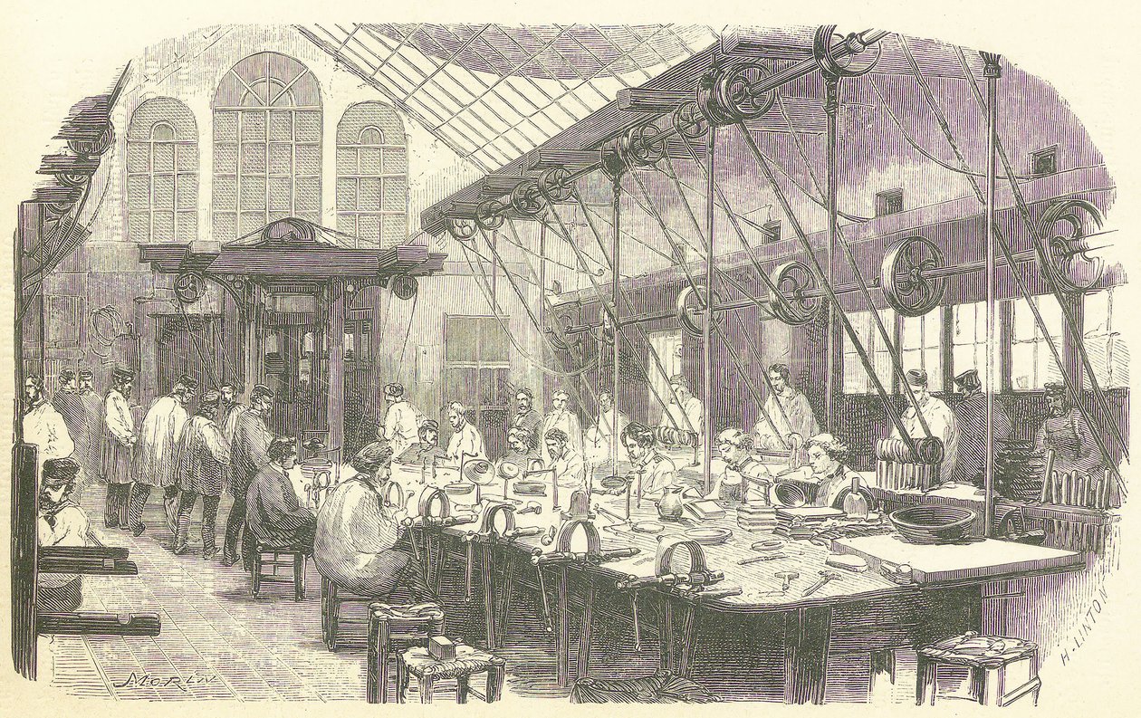 Złotnicy przy pracy w Fabryce Sztućców Christophle w Paryżu, wyd. 1875 (grawerowanie) autorstwa Edmond Morin