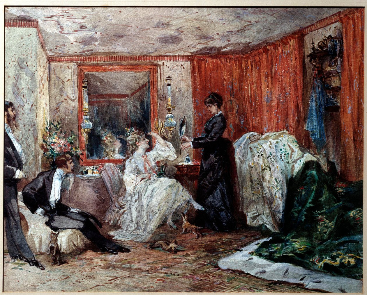 Komik teatralny Hortense Schneider (1833-1920), kochanka Jacquesa Offenbacha (1819-1890), reprezentuje po lewej w swojej garderobie w Theater des varietes. Akwarela Edmonda Morina (1824-1882) 1873 Compiegne, Muzeum Zamkowe autorstwa Edmond Morin