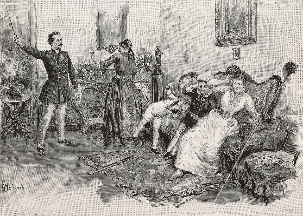 Dwie kobiety i dwoje dzieci przestraszonych przez zastraszającego mężczyznę, rycina z ilustracji Edoardo Matania do książki Życie wojskowe we Włoszech Edmondo De Amicis (1846-1908), z L