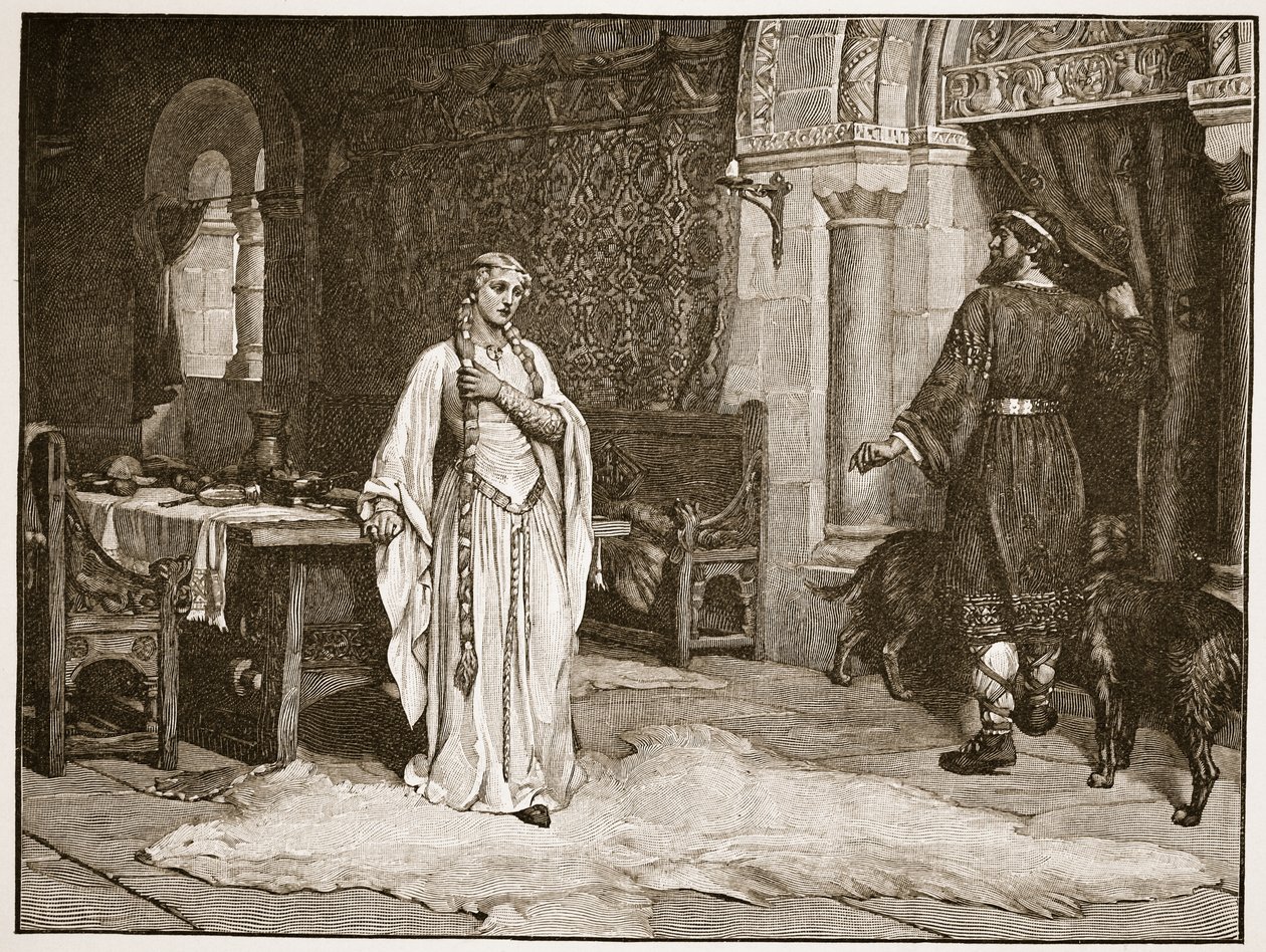 Earl Leofric i Lady Godiva, ilustracja z „Kościoła anglikańskiego: historia dla ludu” autorstwa H.D.M. Spence-Jones, wyd. ok. 1910 (zdjęcie w sepii) autorstwa Edmund Blair Leighton