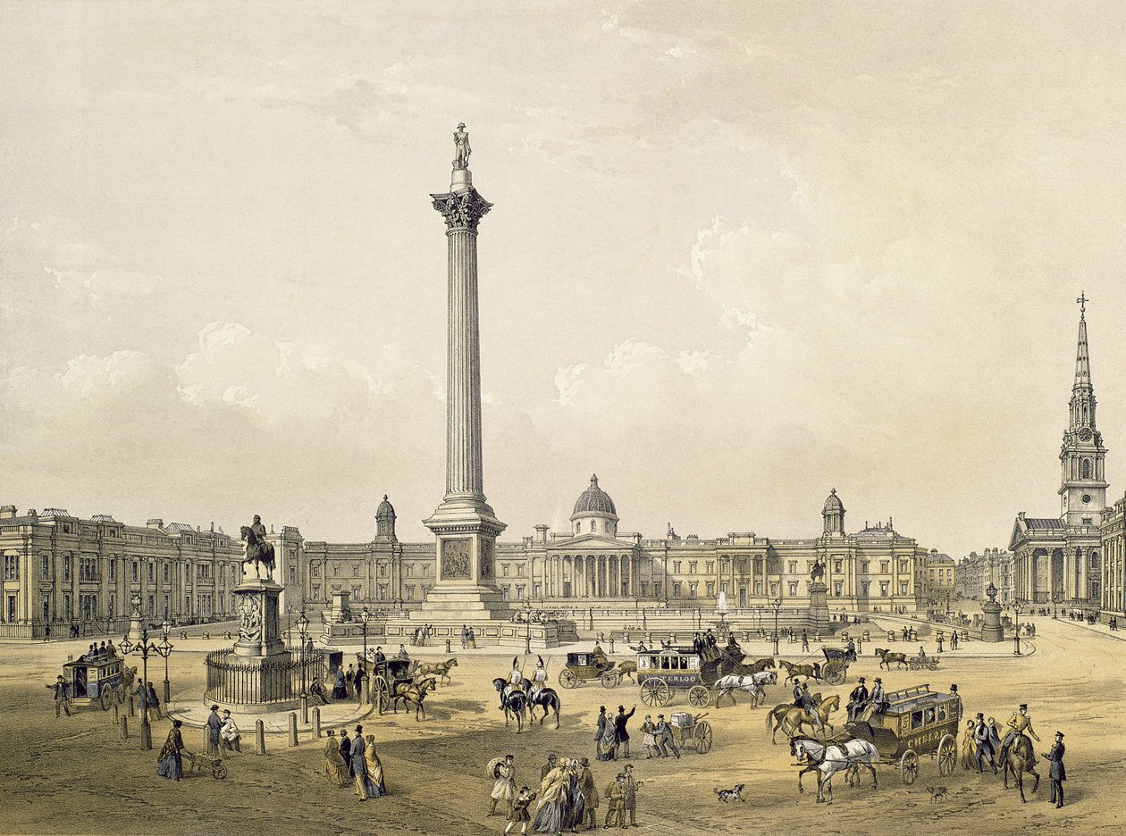 Trafalgar Square, z Galerią Narodową i kościołem św. Marcina, grawerowane przez Thomasa Pickena (fl.1838-d.1870) wyd. 1852 przez Lloyd Bros. und Co. (litografia) autorstwa Edmund Walker